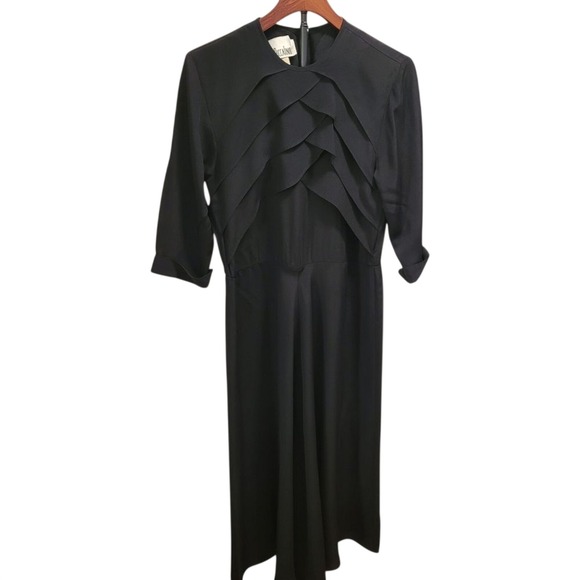 Nina Piccalino Dresses & Skirts - Vintage 80s Black Rayon Crepe Dress Midi Art Deco Scalloped Bust Whimsigoth M 10